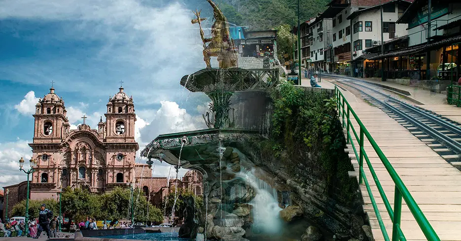 Cusco e Aguas Calientes em uma foto, a vista da igreja da Companhia de Jesus e uma ponte na cidade de Aguas Calientes
