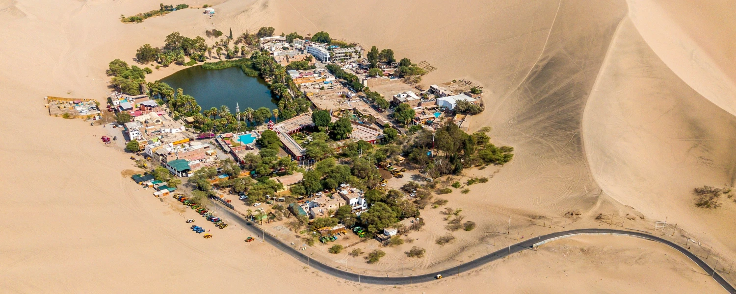 Panoramic view of the Huacachina oasis in Peru.