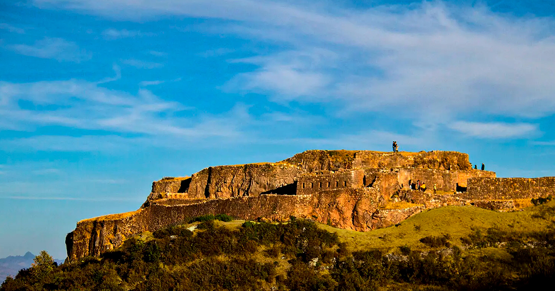 View of the ancient stone ruins and walls of Puka Pukara fortress near Cusco
