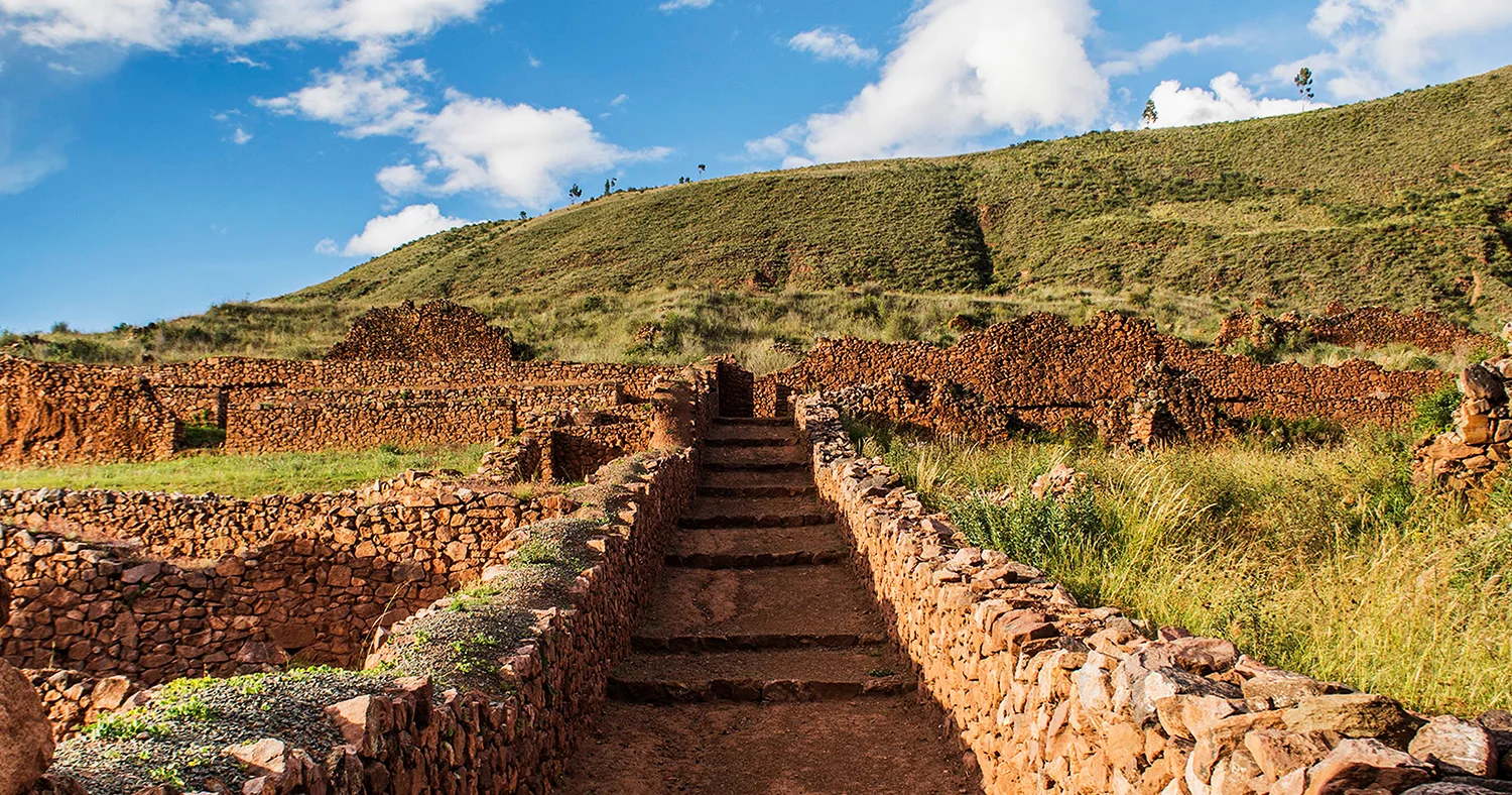 Ancient stone walls and stairway at the Pikillacta archaeological site in the South Valley of Cusco